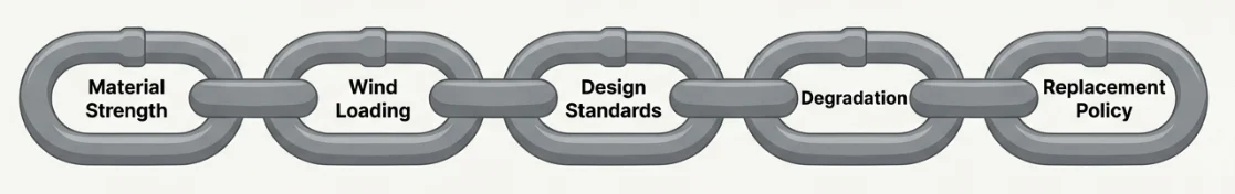 Chain of connected concepts: material strength, wind loading, design standards, degradation, and replacement policy