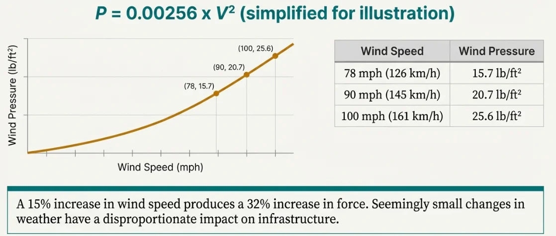 Wind pressure versus wind speed curve with worked examples: 78, 90, and 100 mph mapped to 15.7, 20.7, and 25.6 lb/ft²