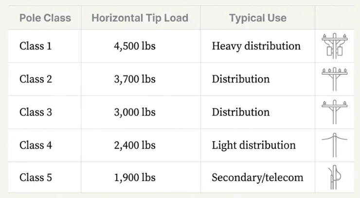 Pole class table: Class 1 through Class 5 horizontal tip loads from 4,500 lb down to 1,900 lb and their typical uses