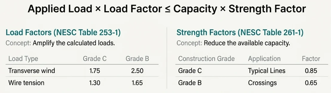 The NESC design equation Applied Load × Load Factor ≤ Capacity × Strength Factor, with load factors from Table 253-1 and strength factors from Table 261-1