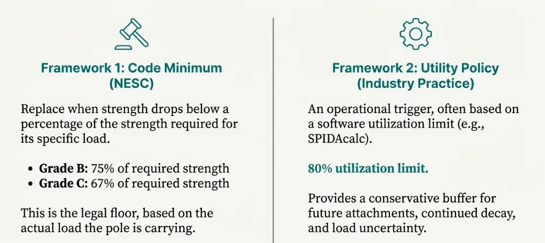 Side-by-side comparison: Framework 1 NESC code minimum (75% Grade B / 67% Grade C of required strength) versus Framework 2 utility policy 80% utilization limit