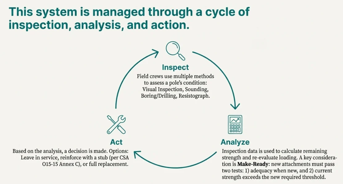 Inspect–Analyze–Act cycle: field inspection methods feed remaining-strength analysis and make-ready checks, leading to leave-in-service, reinforce, or replace decisions