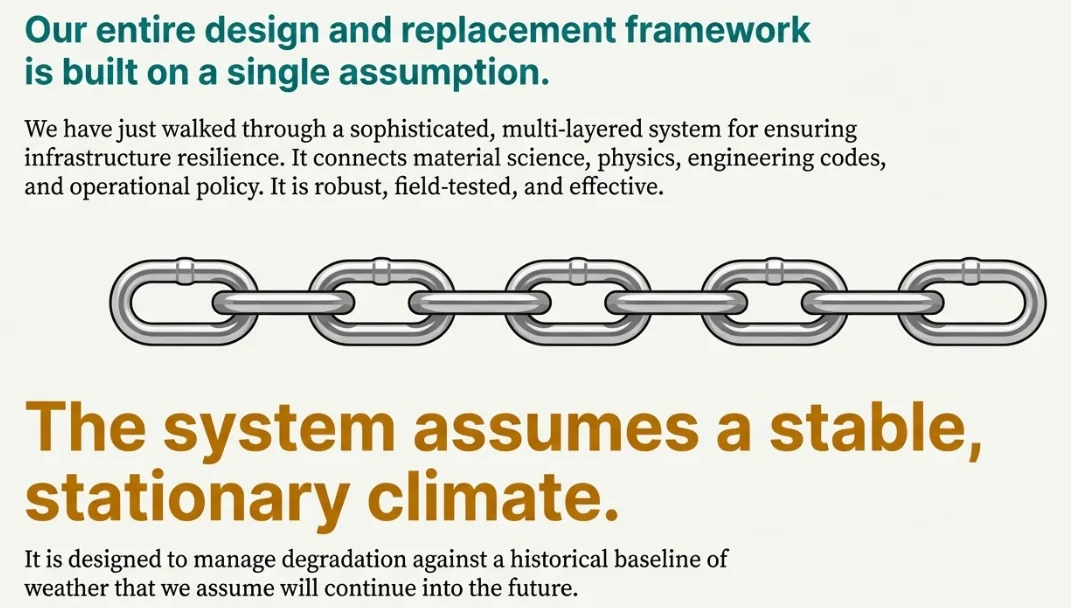 The entire design and replacement framework rests on a single assumption: a stable, stationary climate managed against a historical baseline