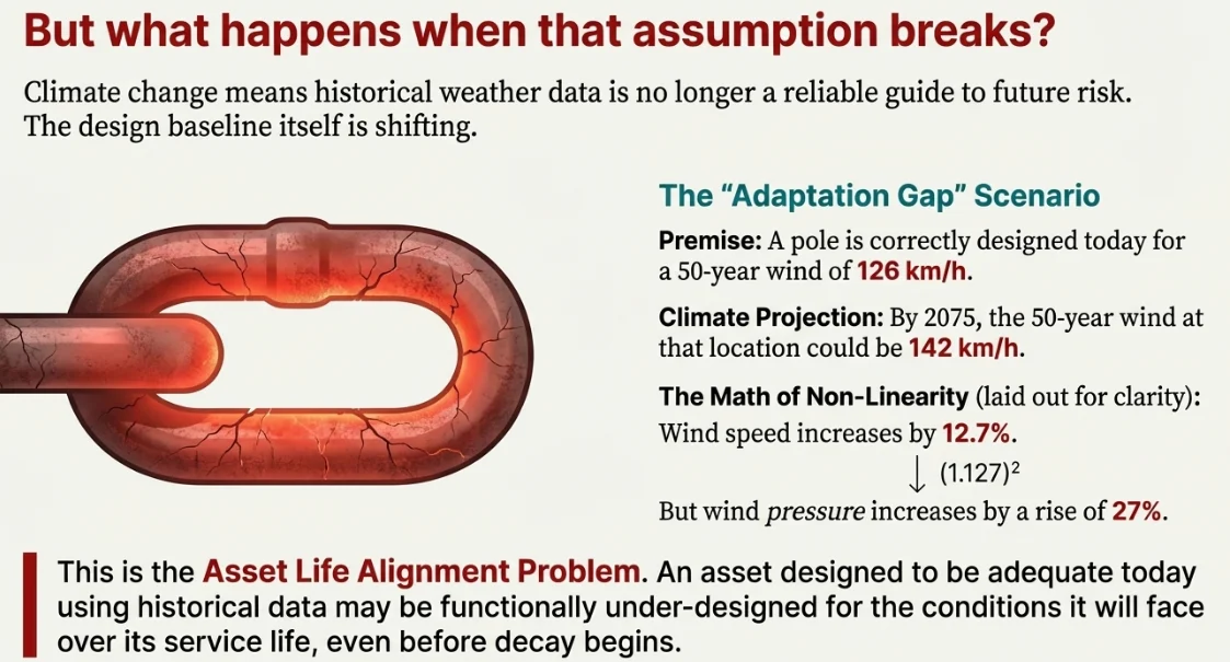The adaptation gap scenario: a broken chain link illustrating how a 12.7% wind speed increase (126 to 142 km/h) becomes a 27% wind pressure increase