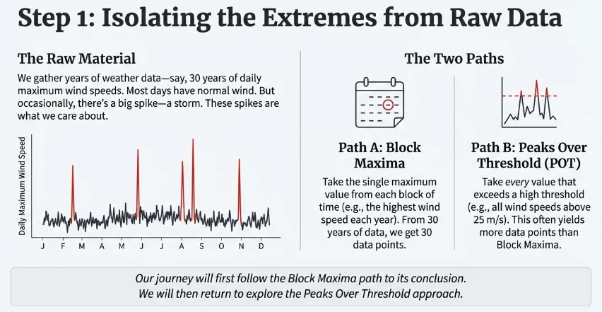 Infographic showing how extremes are isolated from raw wind data via two paths, Block Maxima taking one annual maximum and Peaks Over Threshold keeping every value above a high threshold