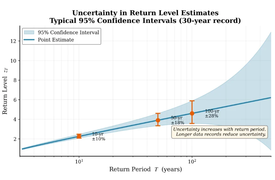 Return level point estimates with a widening 95 percent confidence band as return period grows, from about 10 percent at 10 years to 28 percent at 100 years