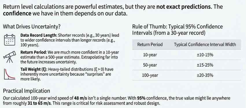 Recap infographic on uncertainty drivers, data record length, return period, and tail weight, with the rule-of-thumb confidence interval table and the 31 to 65 m/s range for the 48 m/s estimate