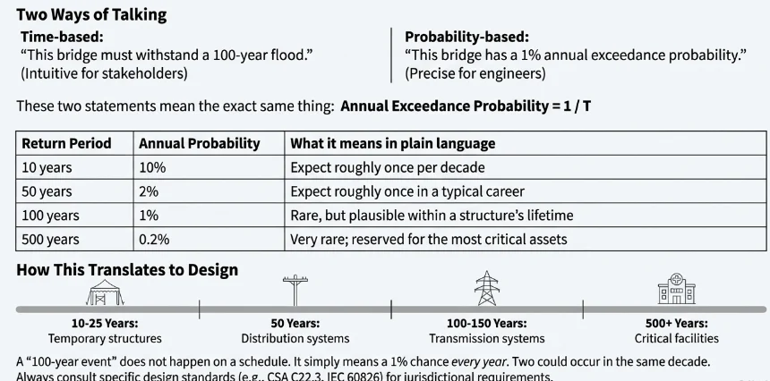 Infographic equating time-based and probability-based language, a table mapping return periods to annual probabilities, and a design timeline from temporary structures to critical facilities