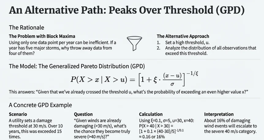 Infographic introducing Peaks Over Threshold with the Generalized Pareto Distribution conditional exceedance formula and a worked 30 m/s damage-threshold example