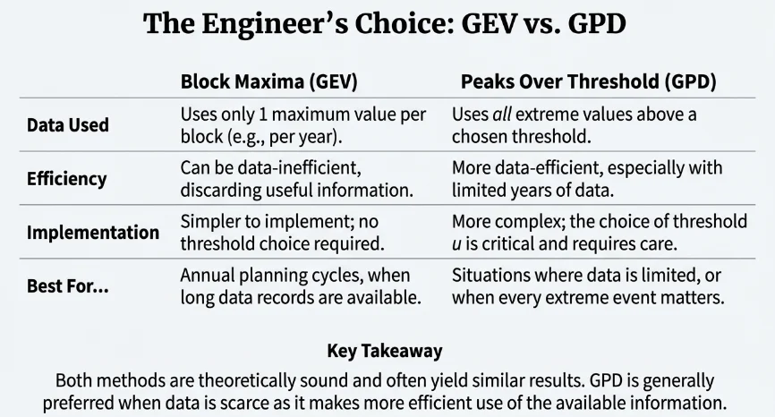 Comparison table of Block Maxima GEV versus Peaks Over Threshold GPD on data used, efficiency, implementation, and best use cases