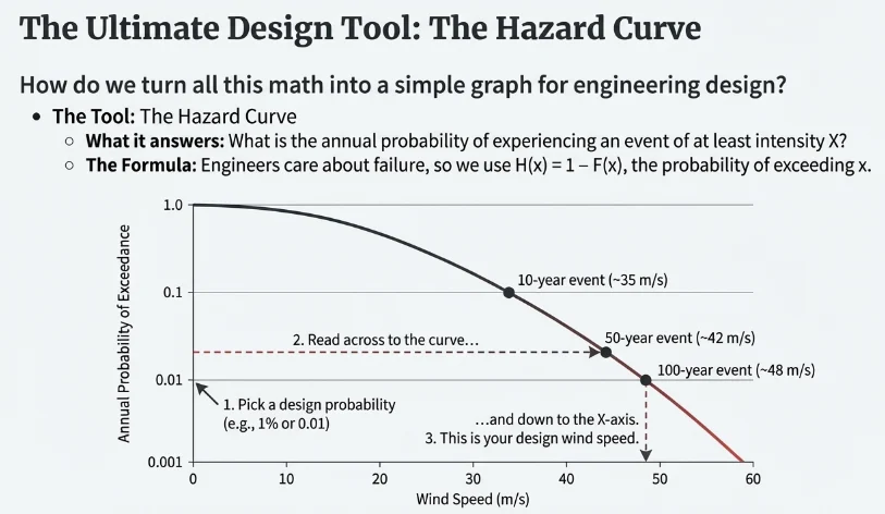 Wind hazard curve of annual exceedance probability versus wind speed on a log scale, annotated with 10, 50, and 100-year design points and the read-across design procedure