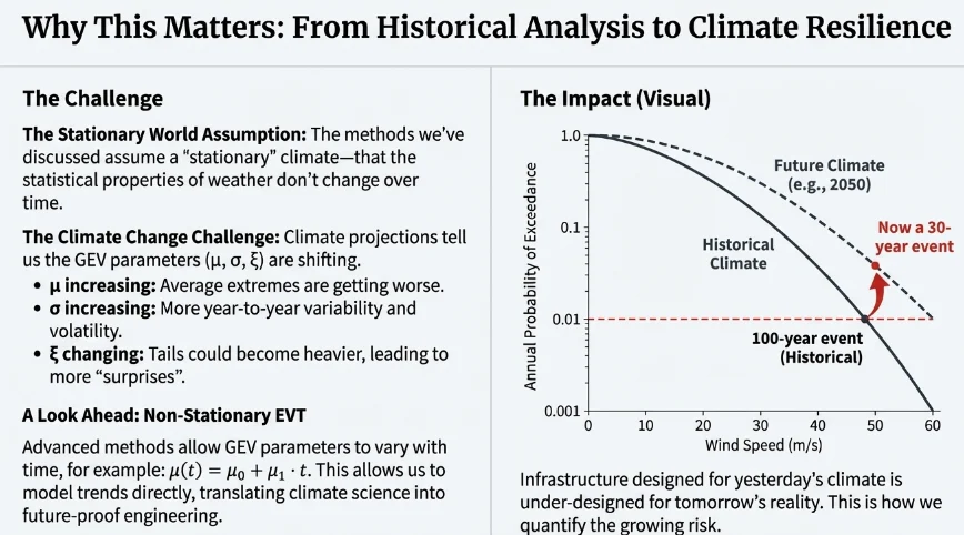 Infographic on climate change shifting GEV parameters, with a hazard curve showing the future climate curve above the historical one so a 100-year event becomes a 30-year event
