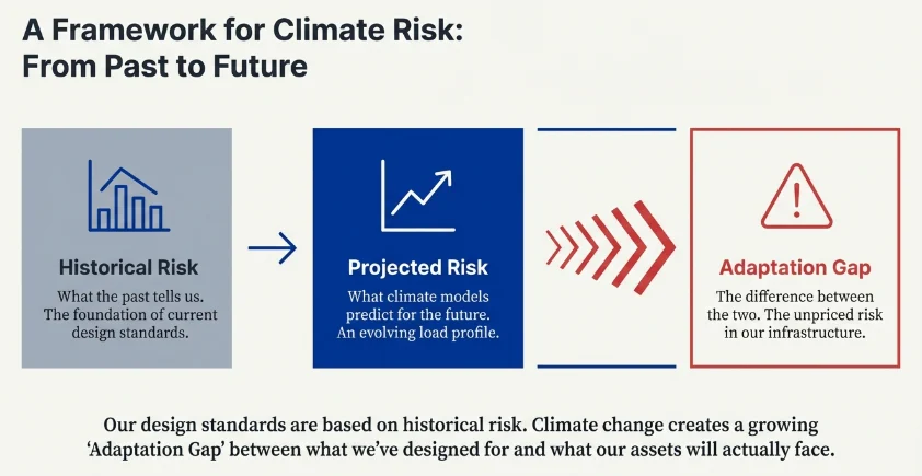 Three-part climate risk framework diagram showing Historical Risk, Projected Risk and the Adaptation Gap between them