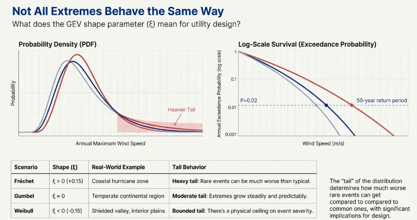 Infographic comparing GEV tail behavior with probability density and log-scale survival curves plus a table of Frechet, Gumbel and Weibull scenarios