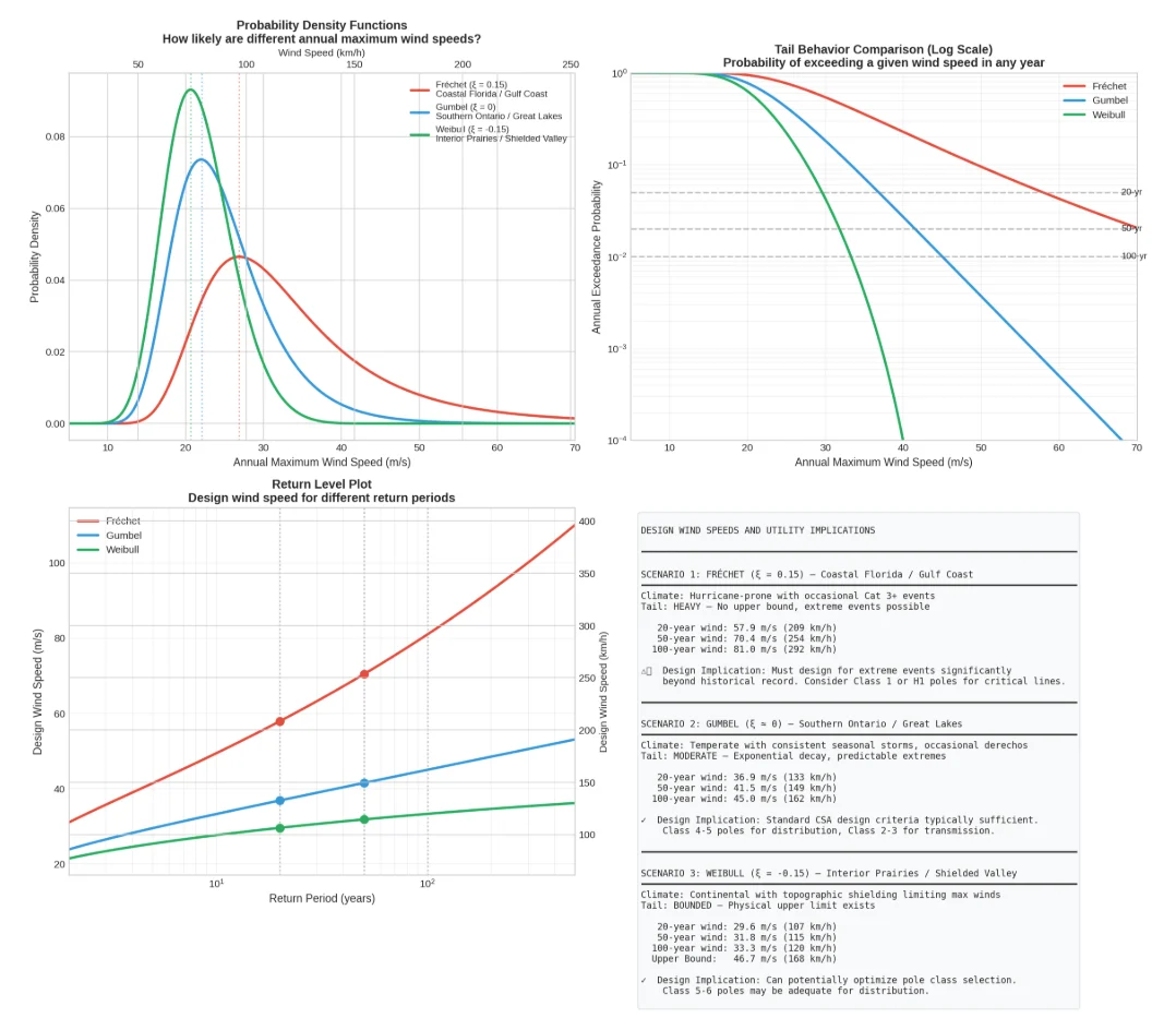 Four-panel GEV comparison with probability density functions, log-scale tail behavior, return level plot and design wind speed implications for the three scenarios