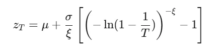GEV return level formula giving the design wind speed z T as a function of mu, sigma, xi and return period T