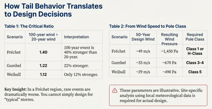 Recap infographic translating tail behavior into design decisions with the critical ratio table and the wind speed to pole class table