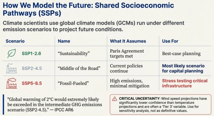 Table of shared socioeconomic pathway scenarios SSP1-2.6, SSP2-4.5 and SSP5-8.5 with their names, assumptions and planning uses