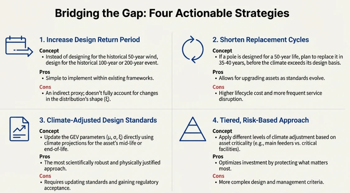 Four actionable adaptation strategies with pros and cons of each, covering higher design return period, shorter replacement cycles, climate-adjusted design standards and a tiered risk-based approach