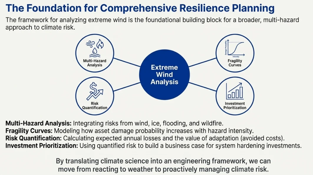 Diagram showing extreme wind analysis as the foundation for multi-hazard analysis, fragility curves, risk quantification and investment prioritization