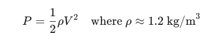 Wind pressure formula P equals one half rho V squared where rho is approximately 1.2 kilograms per cubic meter