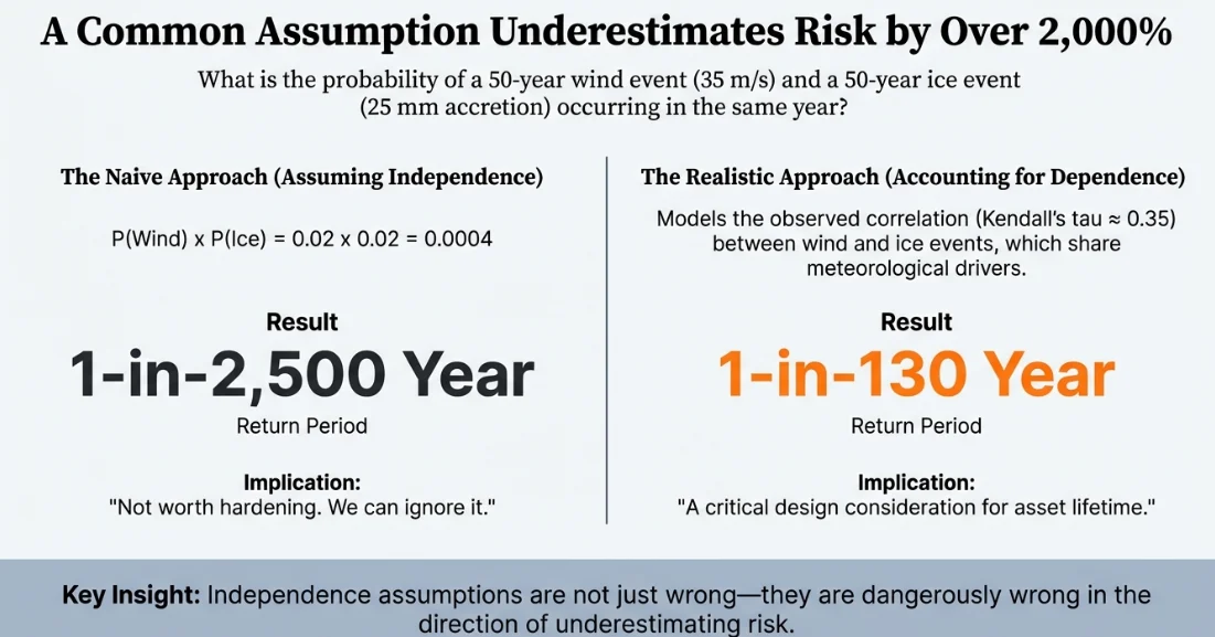 Side-by-side comparison of the naive independence assumption giving a 1-in-2,500-year return period versus the realistic dependence-aware estimate of 1-in-130 years for a joint 50-year wind and ice event