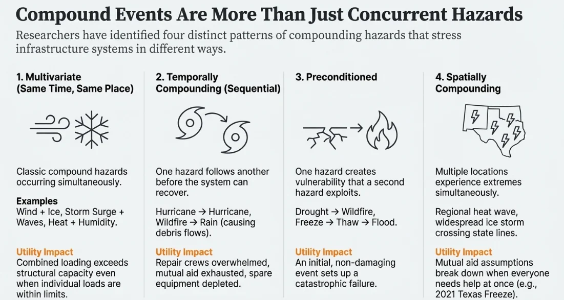 Four-panel overview of compound event types with icons and utility impacts: multivariate, temporally compounding, preconditioned, and spatially compounding