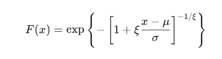 GEV cumulative distribution function formula with location, scale, and shape parameters