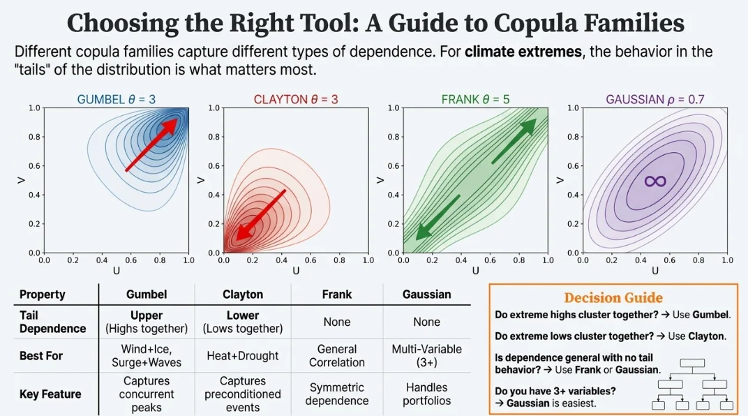 Guide to copula families showing contour plots of Gumbel, Clayton, Frank, and Gaussian dependence, a comparison table of tail dependence and best uses, and a decision guide