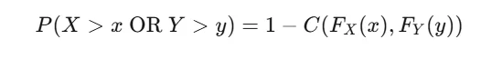 Formula for the OR exceedance probability as one minus the copula of the two marginal CDFs
