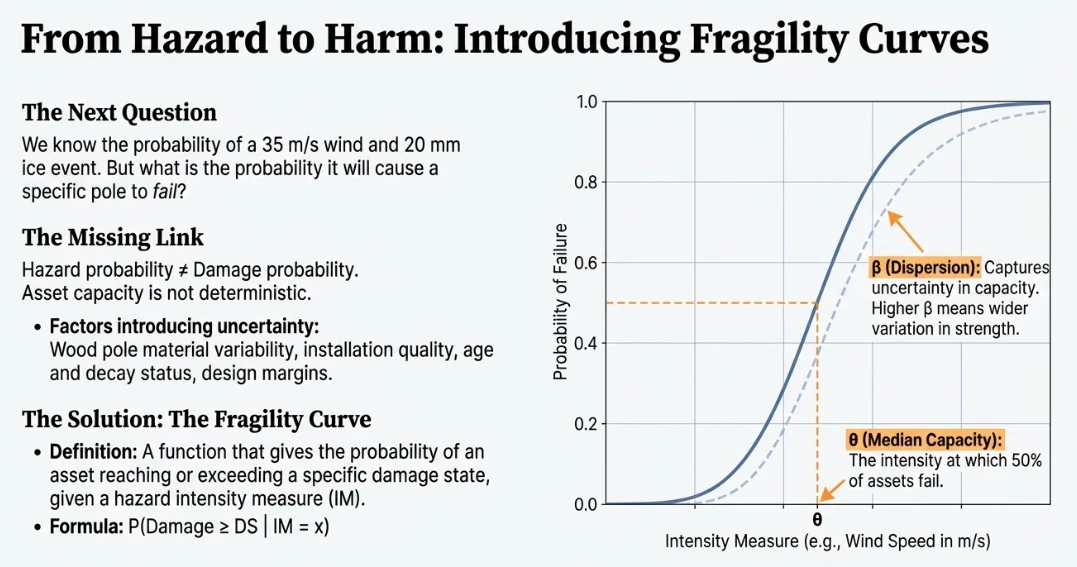Annotated fragility curve of failure probability versus intensity measure, marking median capacity theta where half of assets fail and dispersion beta capturing capacity uncertainty