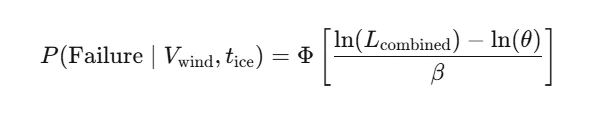 Two-variable fragility formula giving failure probability from wind speed and ice thickness via the combined load in a lognormal model