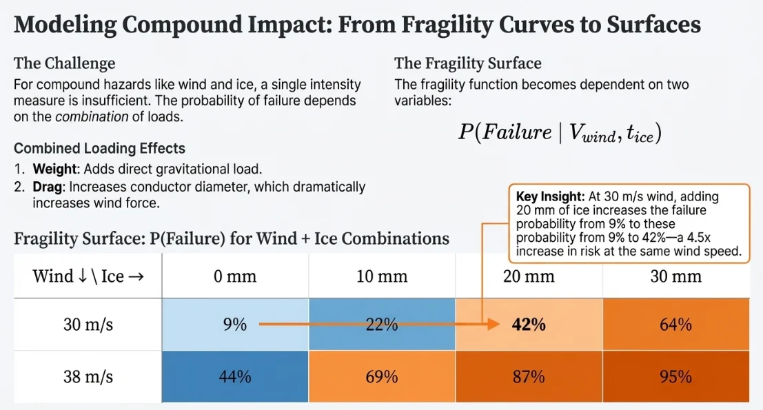 Infographic on moving from fragility curves to surfaces, with a color-coded wind and ice failure probability grid highlighting that 20 mm of ice raises failure probability at 30 m per s from 9 to 42 percent