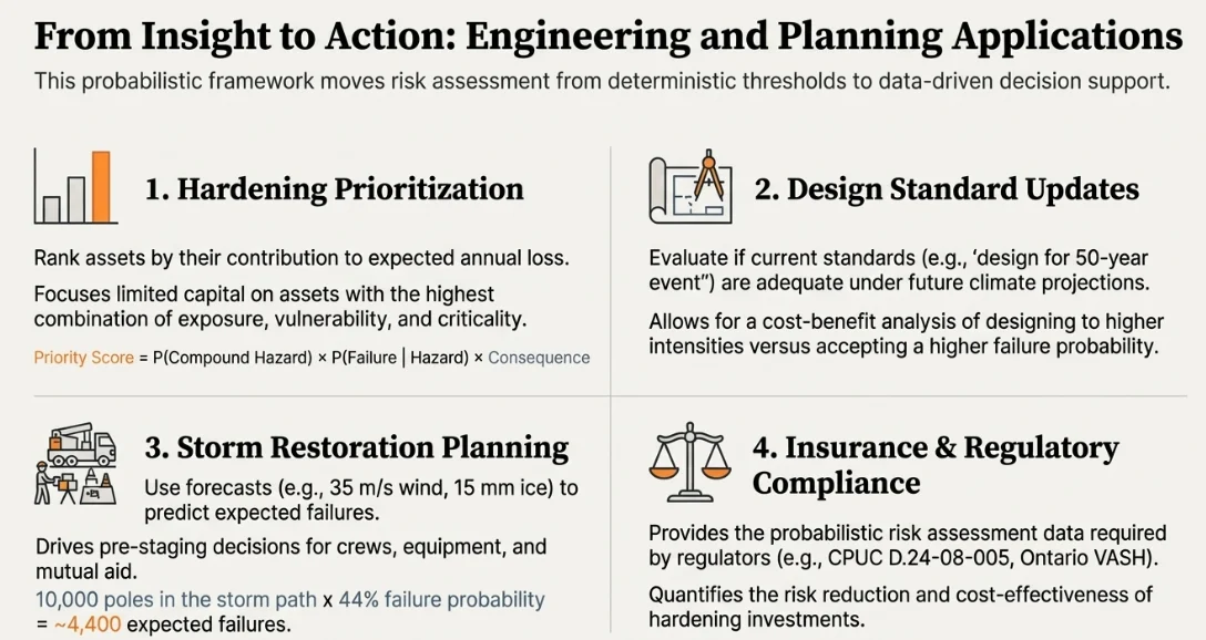 Four engineering and planning applications of the probabilistic framework: hardening prioritization by expected annual loss, design standard updates, storm restoration planning, and insurance and regulatory compliance