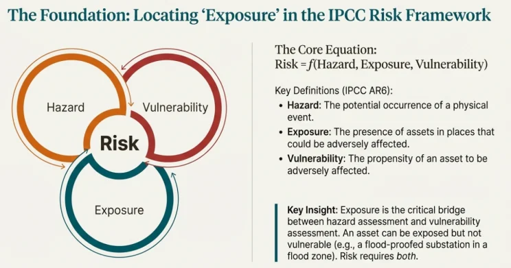 IPCC AR6 risk propeller diagram showing risk arising from the overlap of hazard, exposure, and vulnerability, with key definitions of each component