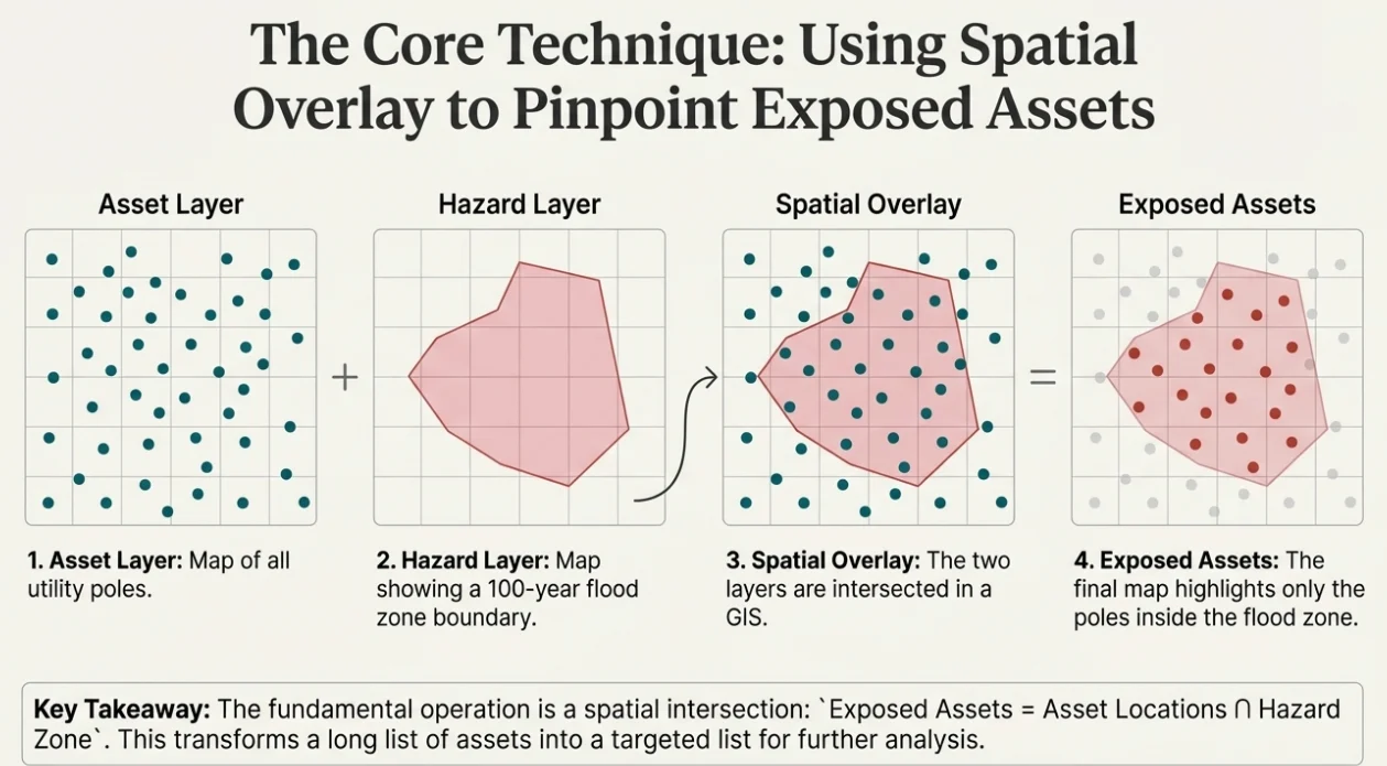 Diagram of the spatial overlay technique where an asset layer of utility poles and a flood hazard layer are intersected in GIS to highlight only the exposed assets