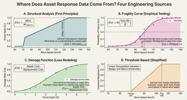 Four-panel chart of engineering sources for the exposure function covering structural analysis, empirical fragility curves, flood damage functions, and simplified threshold interpolation