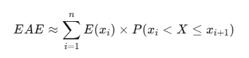 Discrete EAE approximation formula summing over intensity bins the exposure at each bin midpoint times the probability the hazard falls in that bin