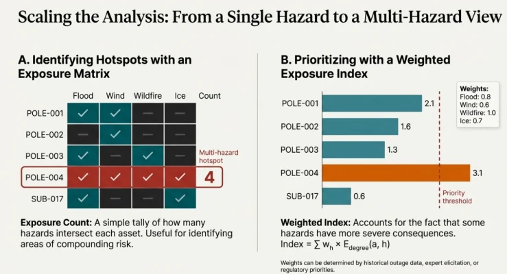 Multi-hazard analysis graphic with an exposure matrix flagging a pole exposed to four hazards as a hotspot and a weighted exposure index ranking assets against a priority threshold