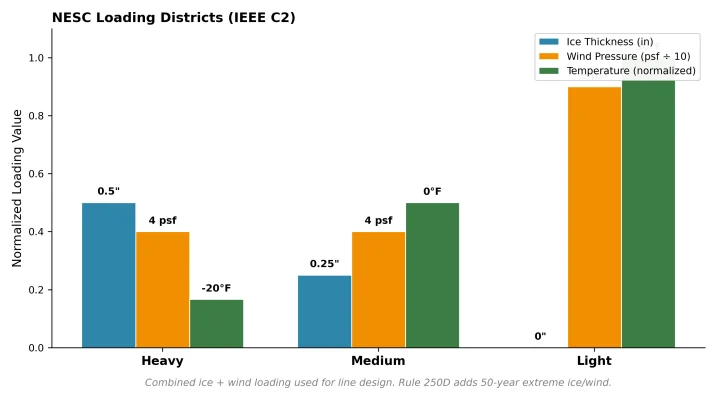 Bar chart of NESC IEEE C2 loading districts comparing ice thickness, wind pressure, and temperature for the Heavy, Medium, and Light districts